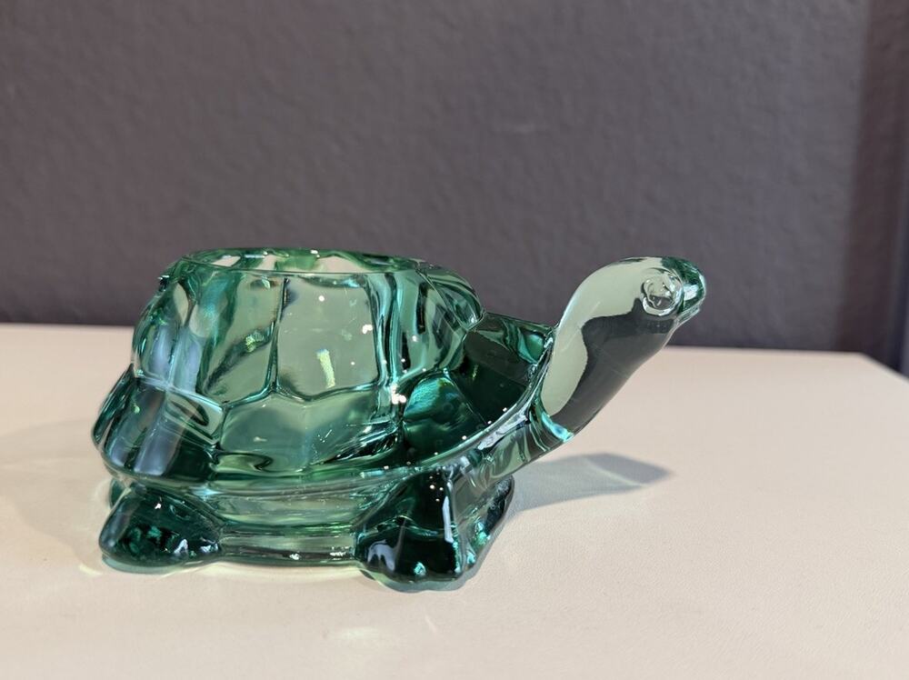 Vintage Indiana Glass Green Turtle Figurine Tea Light Votive Candle Holder Heavy